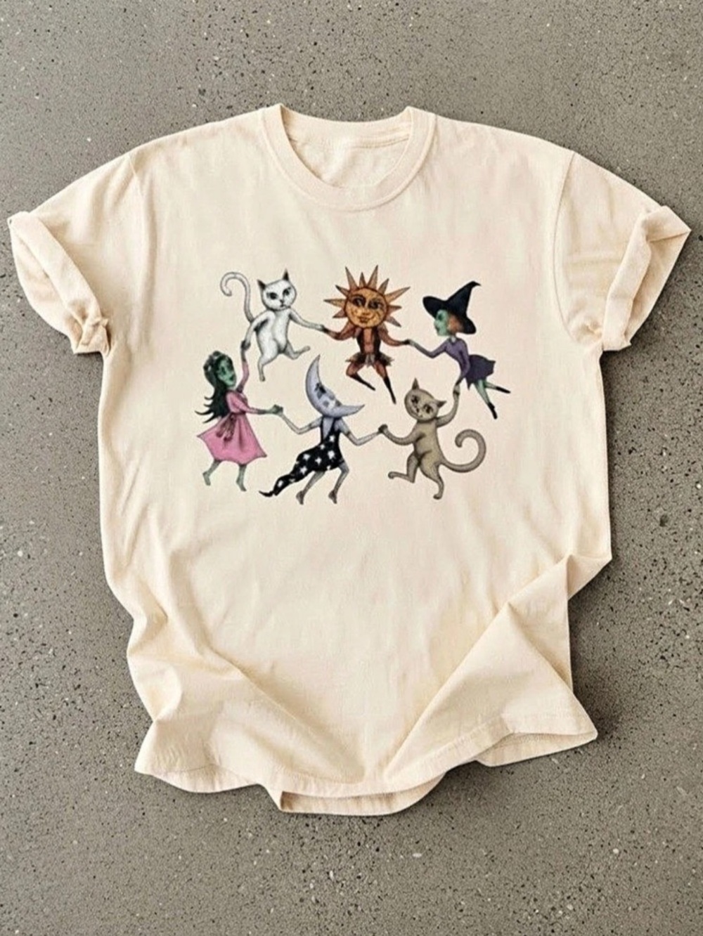 Celestial Sun Moon Cats Witch Magic Circle Cream Gildan T-Shirt